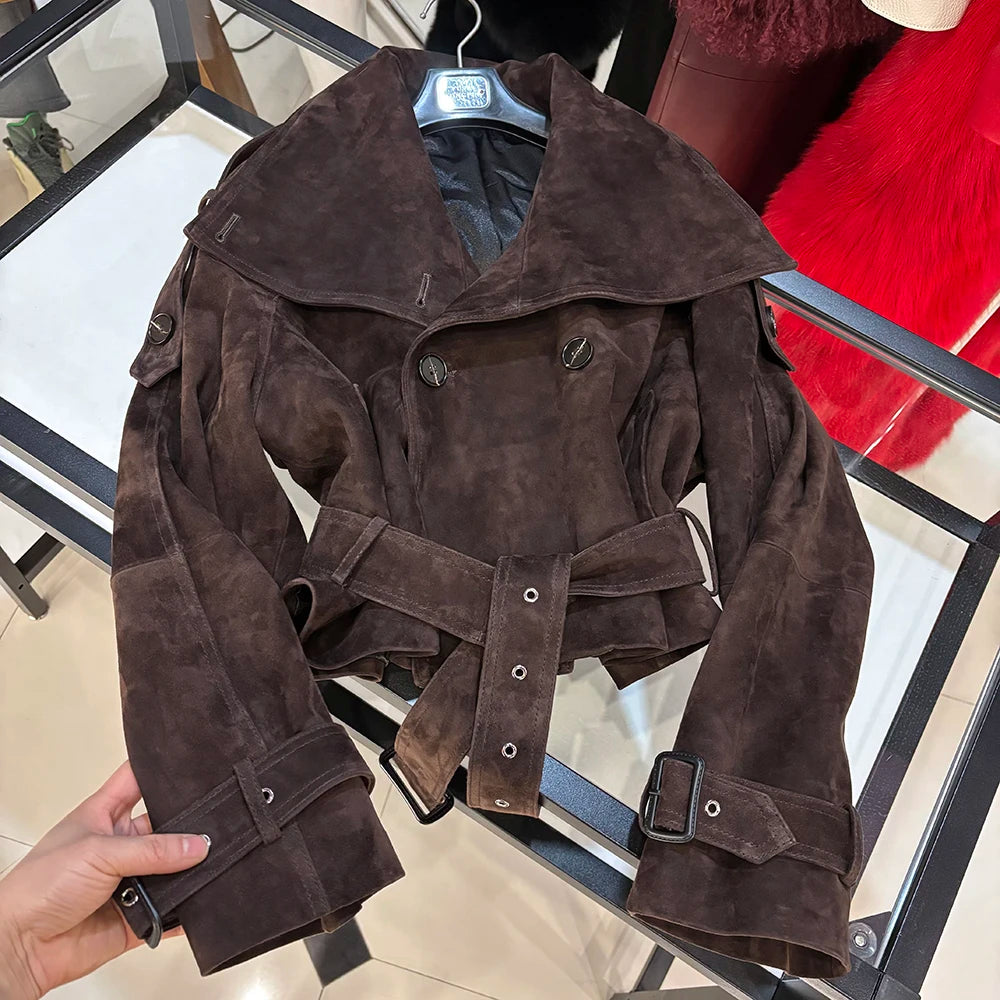 YOLOAgain Funnel Neck Real Leather Jacket Women Double Breasted Suede Jacket With Belt Streetwear
