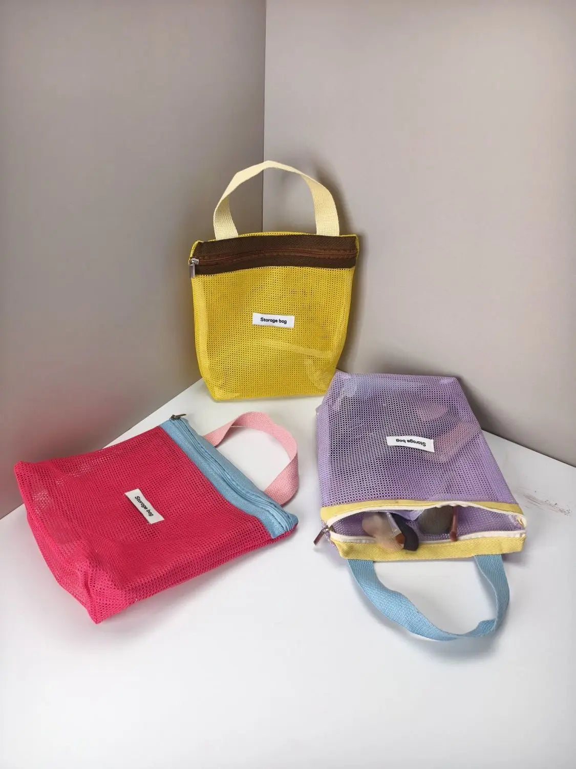 Homefish Foldable Mesh Cosmetic Bag Ins Style Bright Color Portable Women Summer Toiletry Storage Bag Beach Makeup Pouch