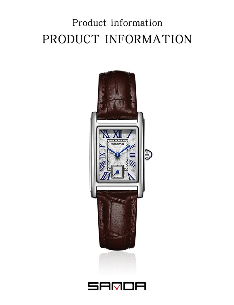 SANDA 1116 Elegant Women's Quartz Watch Casual Rectangular Waterproof Steel Leather Strap Casual Business Women's Watch часы