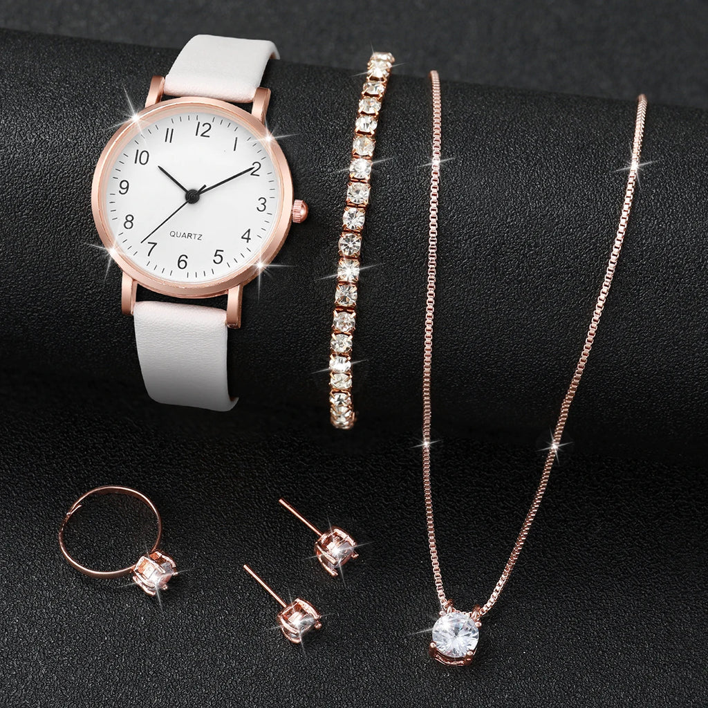 5/6PCS Fashion Women's Quartz Watch Leather Band Analog Quartz Watches with Diamond Jewelry (Without Box)