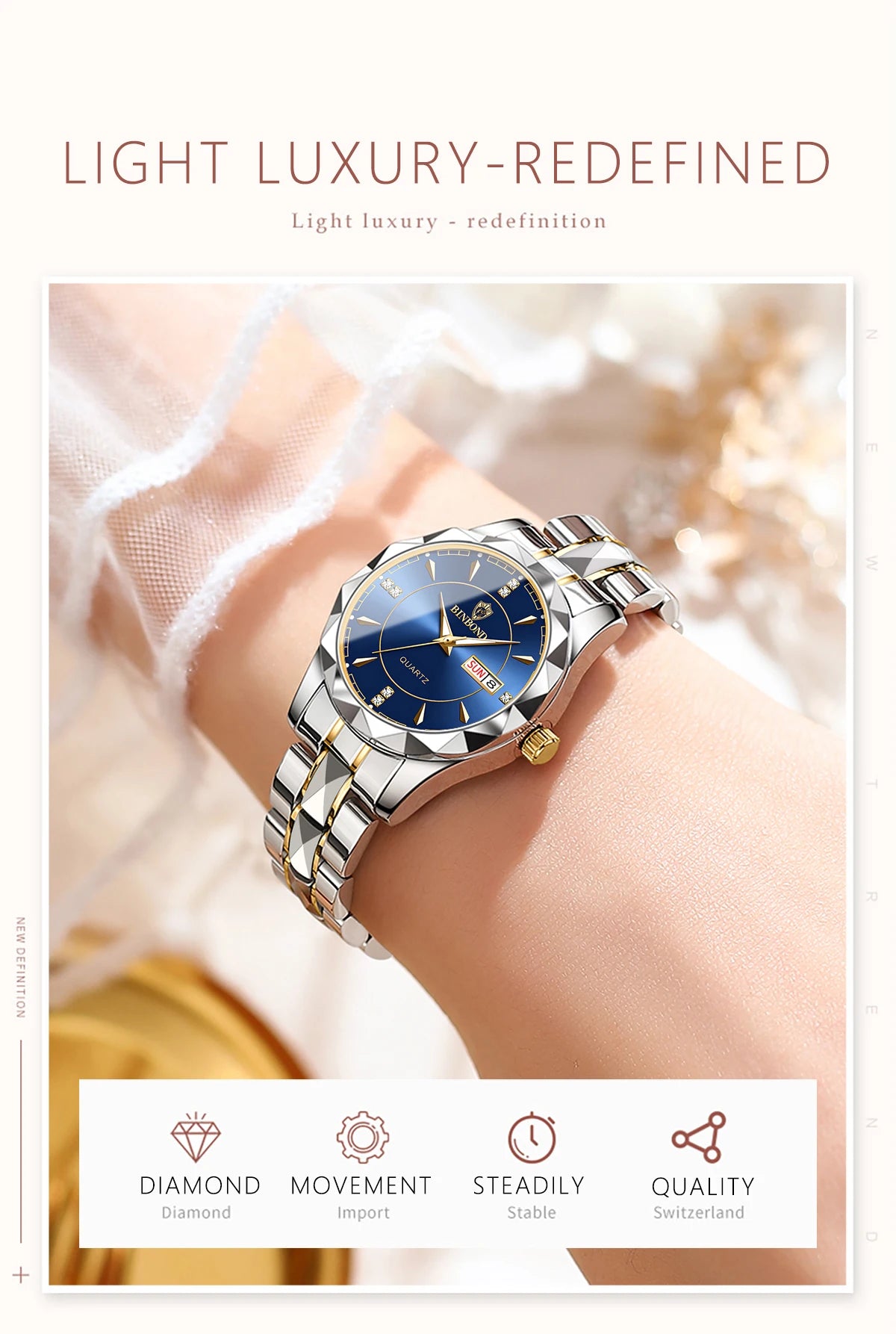 BINBOND Luxury Quartz Wristwatches For Women Luminous Waterproof Week Display Auto Date Women's Watches Fashion Casual Reloj