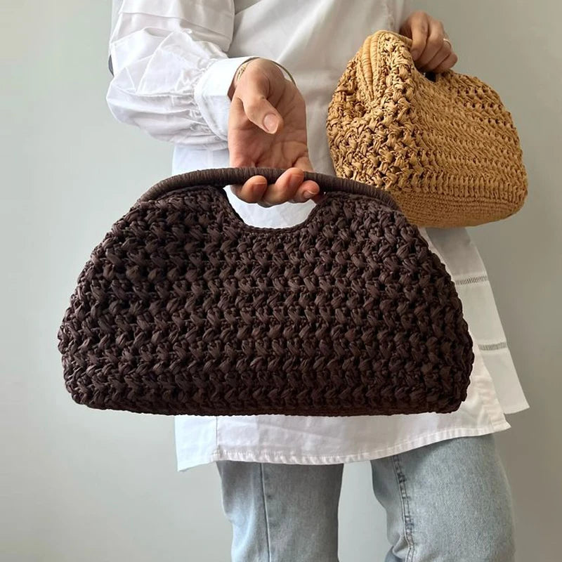 Fashion Straw Clip Shell Clutch Bag for Women Designer Paper Woven Handbags Casual vintage Handmade Summer Beach Bag 2025