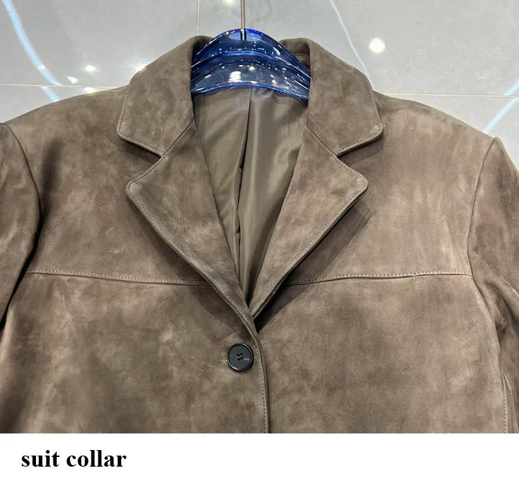High Quality Suede Leather Suit Jacket Woman Kid Suede Flip Collar Wide Shoulder Split Vintage Ropa Mujer Dark Blue Blazer Coat
