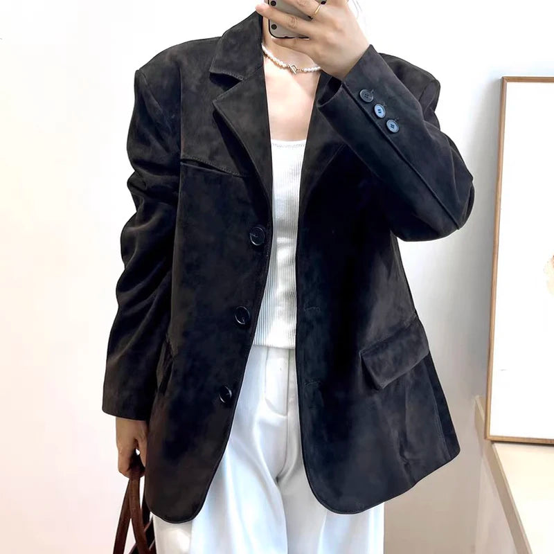 High Quality Suede Leather Suit Jacket Woman Kid Suede Flip Collar Wide Shoulder Split Vintage Ropa Mujer Dark Blue Blazer Coat