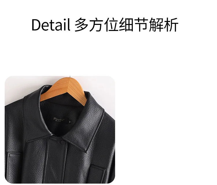 New Women Split Leather Jacket Spring Autumn Fashion Turn-down Collar Stretch Adjustable Waist Short Coat Casual Leather Jacket