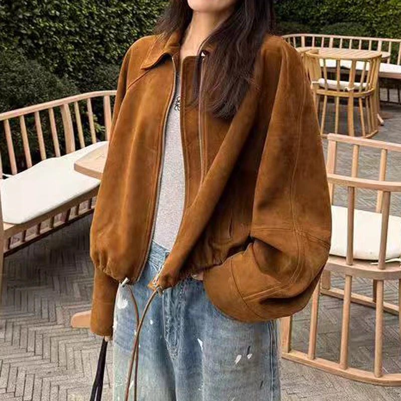 Suede Leather Flower Bud Jacket for Women Trendy Kid Suede Drawstring Silhouette Short Coat Streetwear Chill Casaco Feminino