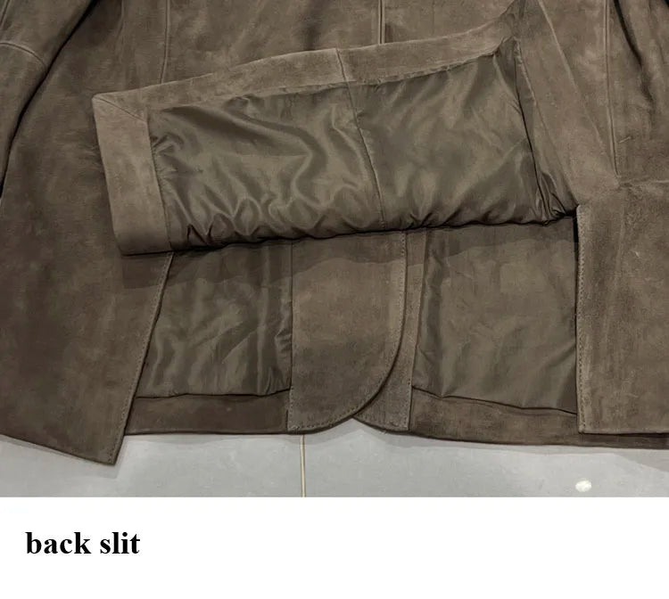 High Quality Suede Leather Suit Jacket Woman Kid Suede Flip Collar Wide Shoulder Split Vintage Ropa Mujer Dark Blue Blazer Coat