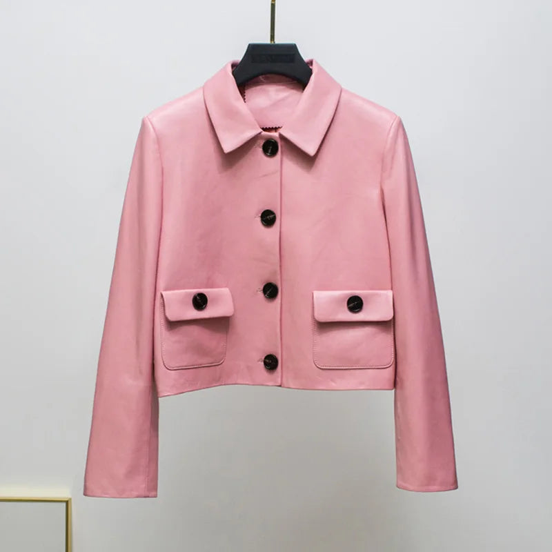 Women Genuine Leather Jacket 2025 Winter Female Square Collar Pocket Single-Breasted Slim Short Coat Mujer Outwear Blazer Kurtki