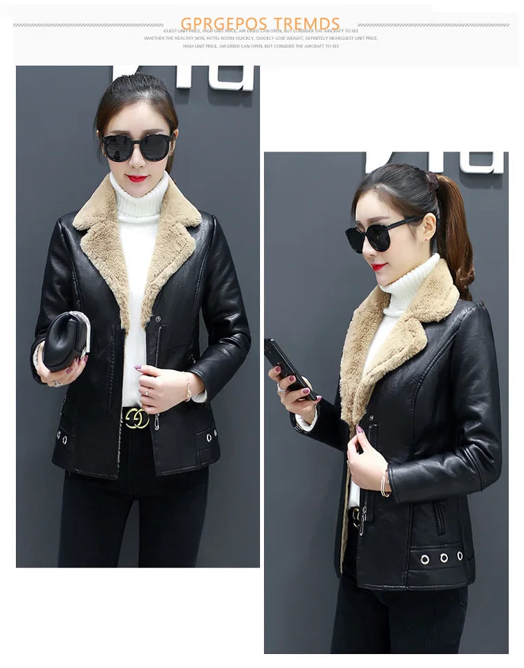 Women's Biker Style Thickened Short Leather Jacket Autumn Winter Street Fashion PU Material Versatile Outerwear Coat