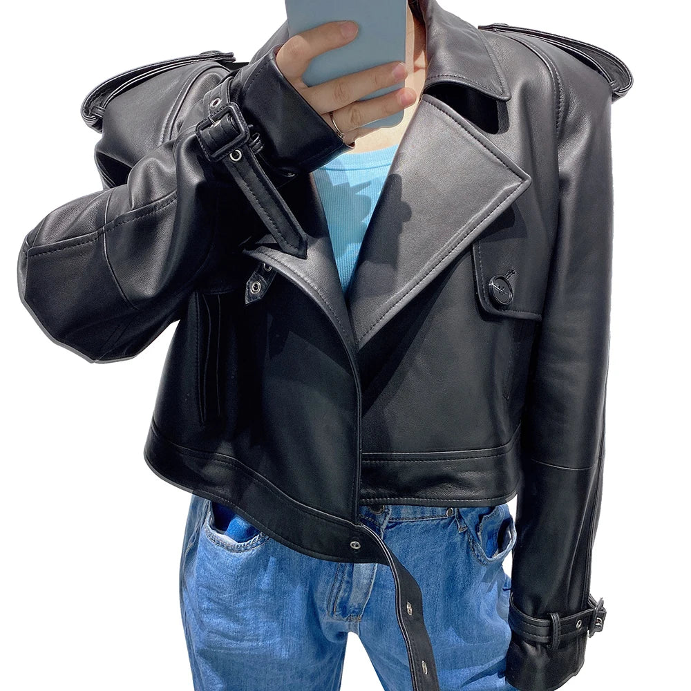 YOLOAgain Women's Real Leather Jacket Sheepskin Coat