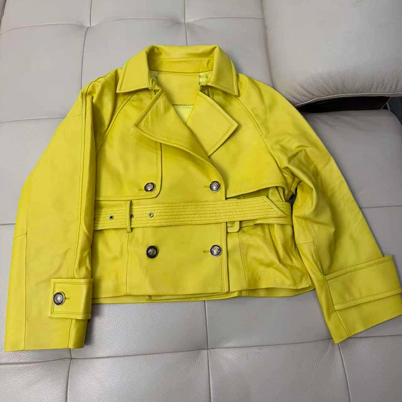 Leather Jacket for Women Spring Double-Breasted Belt Waist Closing Slim Ceket Kadın Imported Sheepskin Loose Short Trench Coat