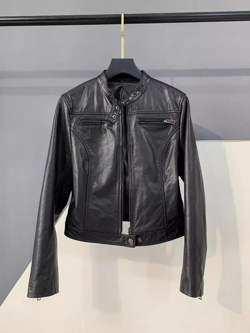 Autumn Fashion Genuine Leather Women Short Jacket Stand Collar Zipper Coat Top Work Lady Slim Fit Jackets Casual Black Outerwear