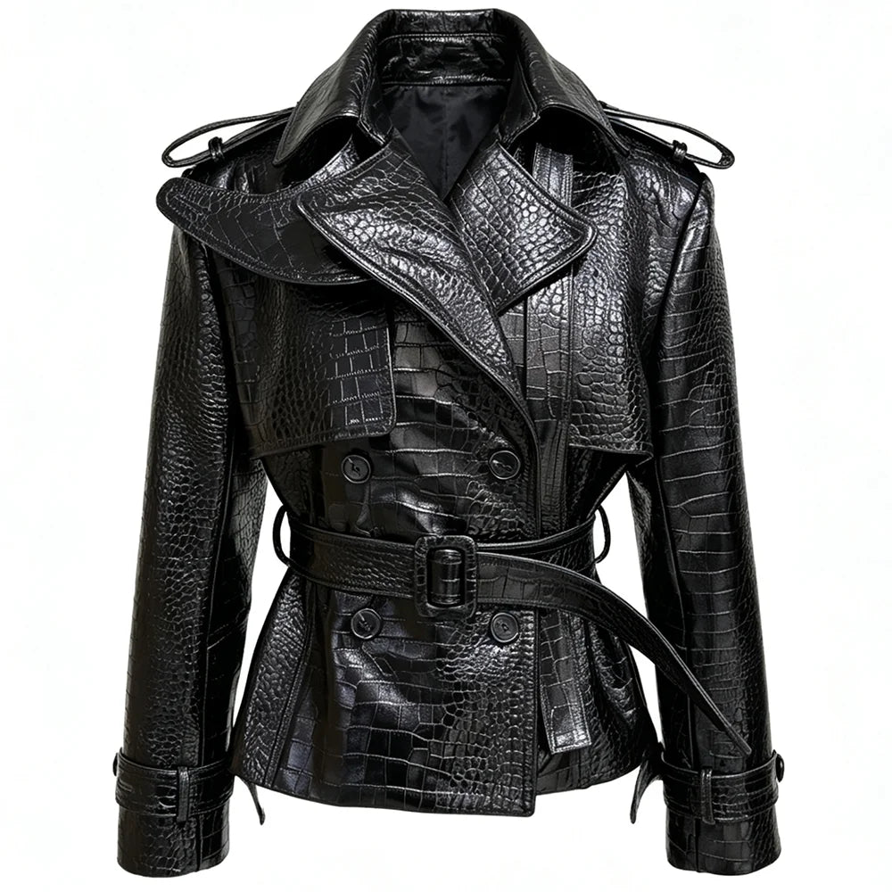YOLOAgain High Quality Suede Leather Jacket Women With Belt Double Breasted Croc Pattern Jacket Female