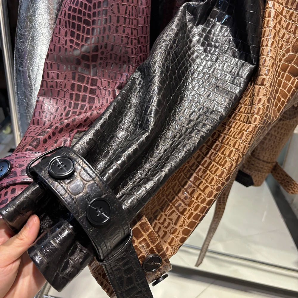 YOLOAgain Croc Pattern Real Leather Cropped Jacket Women Genuine Leather Jacket Female Streetwear