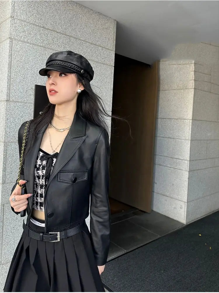 2024 New Short Genuine Leather Blazer Jackets for Women Fashion Pink Lapel Single Button Female Long Sleeve Sheepskin Jackets