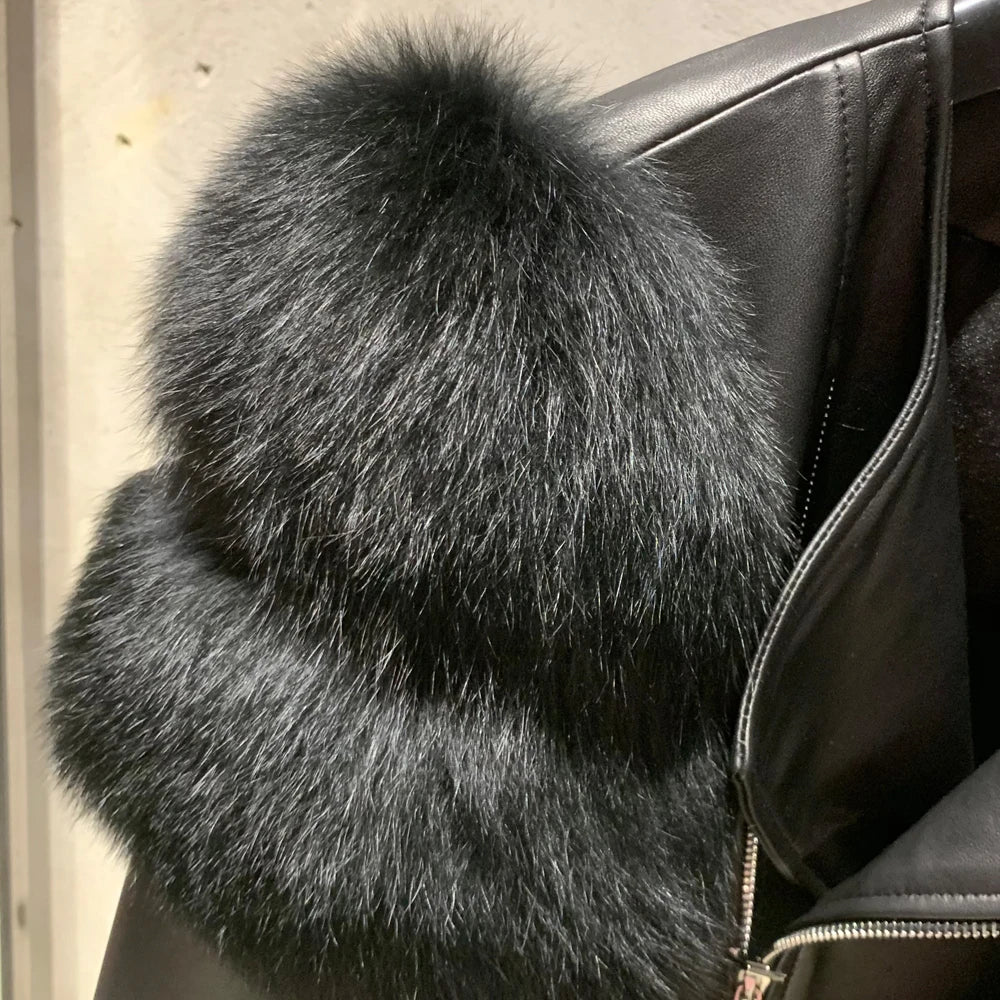 Leather Jacket Factory Ladies Short Leather Jacket Real Fox Fur Sleeve Coat Women Autumn 21001