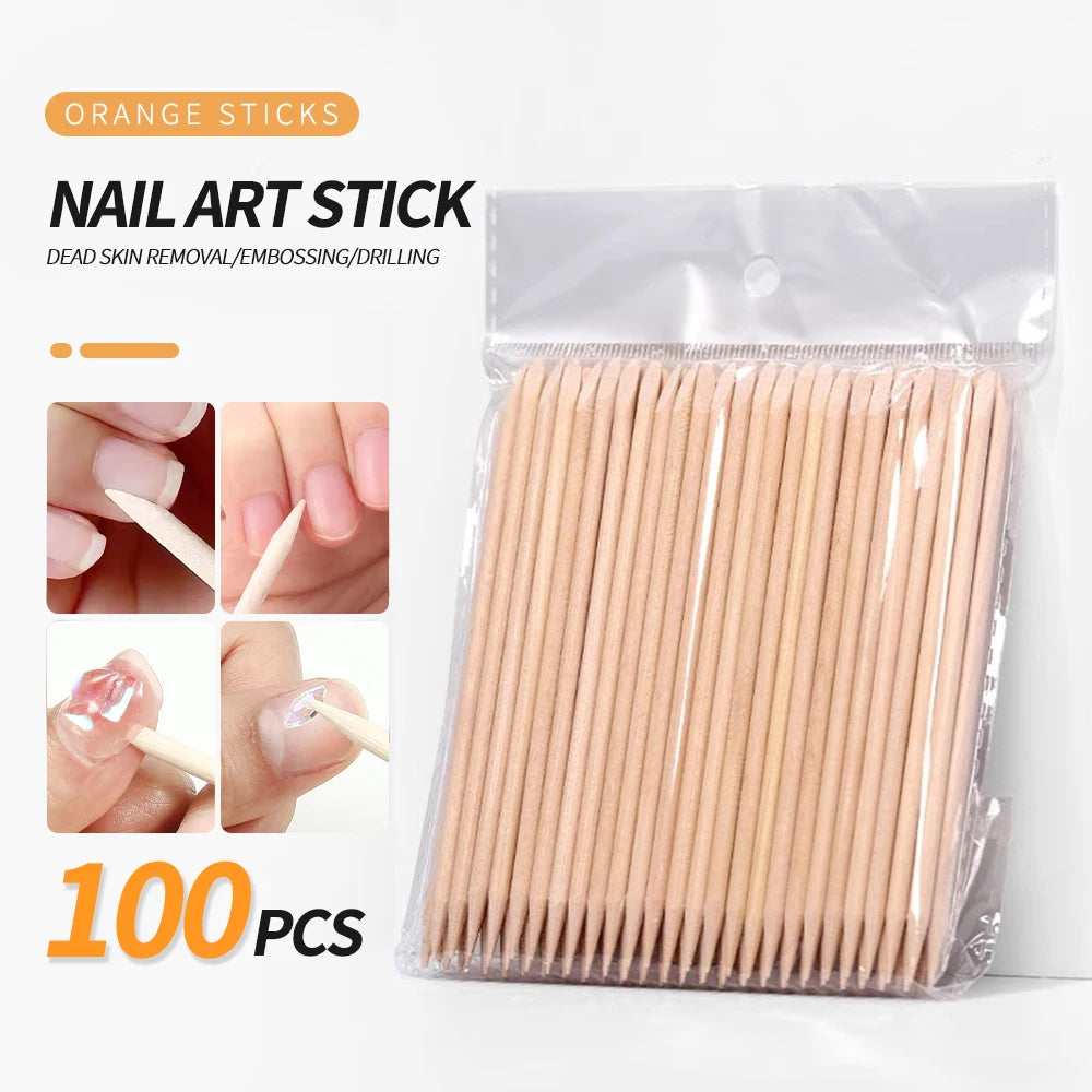 100PCS Cuticle Pusher Remover Nail Art Tools Beechwood Stick Sticks Rhinestones Picker Bead Pusher Manicure Pedicure Care