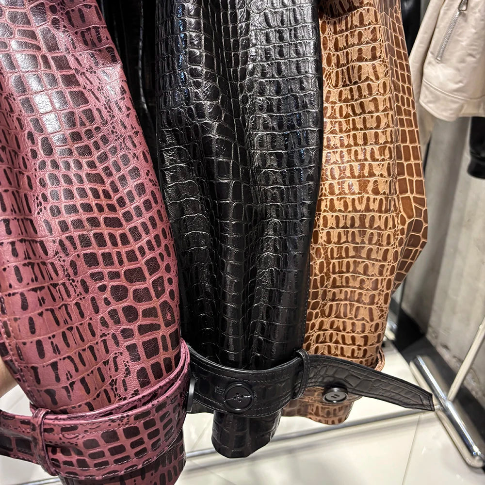 YOLOAgain Croc Pattern Real Leather Cropped Jacket Women Genuine Leather Jacket Female Streetwear