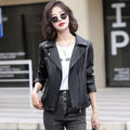 New Women Spring Autumn Leather Jacket Fashion Suit Collar Long Sleeve Motorcycle Jacket Casual Short Biker Coat Split Leather