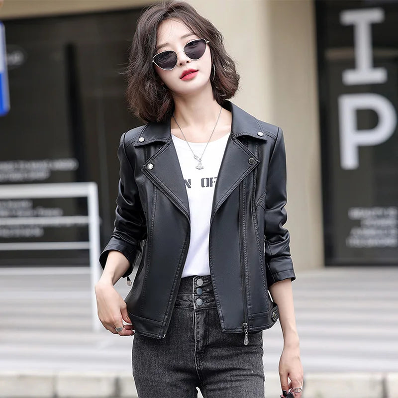 New Women Spring Autumn Leather Jacket Fashion Suit Collar Long Sleeve Motorcycle Jacket Casual Short Biker Coat Split Leather