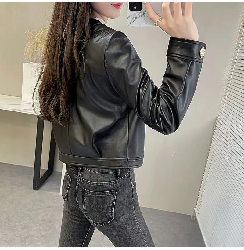 Genuine Sheepskin Casacas Para Mujer Women Casual V-neck Short Khaki/White/Black Leather Jacket Feminino Slim Tops Trendy Pocket