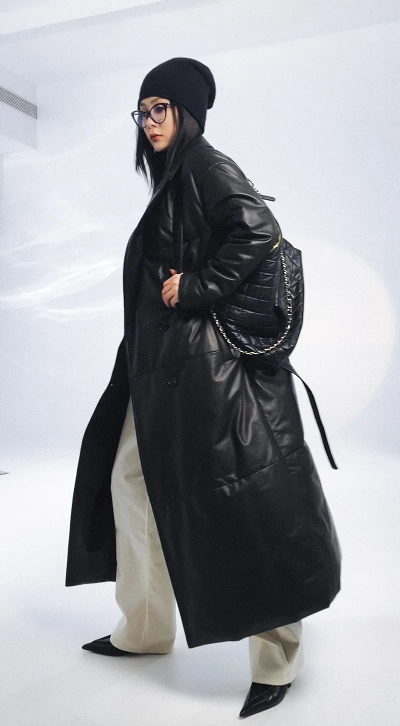 Women's Leather Down Jacket, Loose, Extra Length Design, Goose Down Coat, Suit Collar, Sheepskin Coat, Fashion