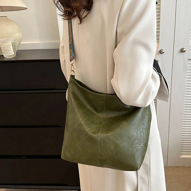 Wide Geometric Strap Shoulder Bag Large Capacity Crossbody Bags For Women,Retro Pu Leather Women's Bag For Shopping Travel