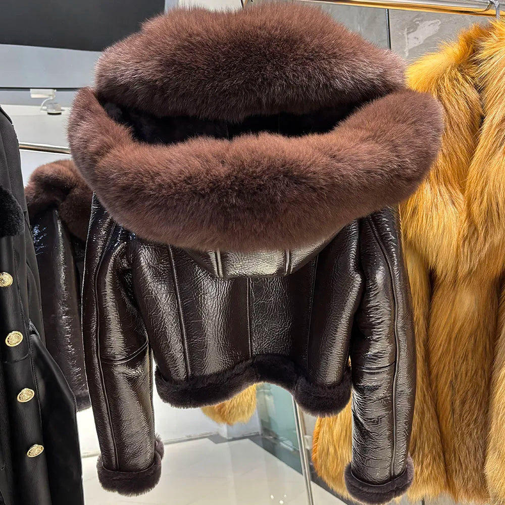YOLOAgain Burgundy Shearling Jacket With Hood Women 2025 Winter Real Leather Jacket Coat