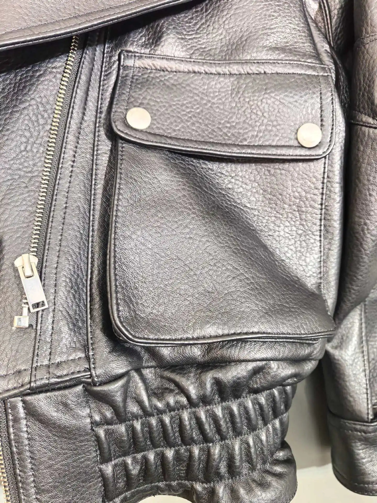 Leather Coat Autumn Winter Women Vintage Fashion Double Collar Lychee Pattern Sheepskin Bubble Leather Zipper Motorcycle Jacket