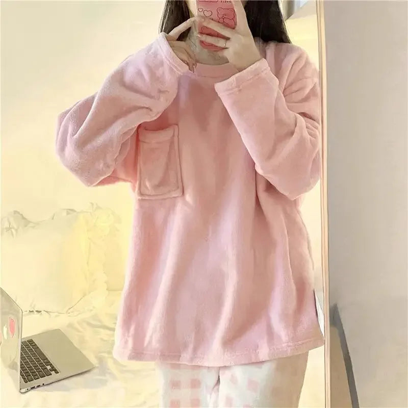 CHUANGERM Women's Casual Winter Fleece Pajamas Set, Thick Warm Soft Plaid Top And Pants Home Suit Pyjamas