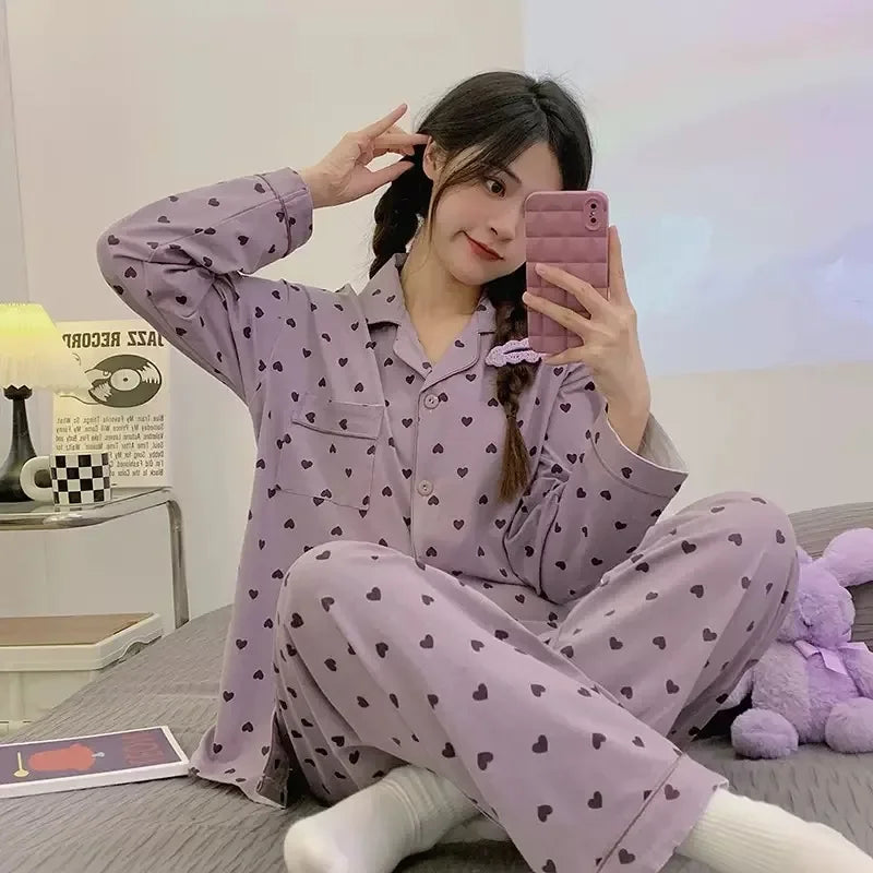 Spring and autumn new ladies' Korean pajamas home wear set for girls and students long-sleeved pajamas