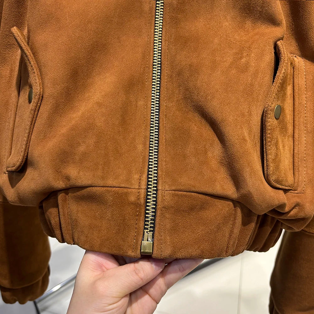 YOLOAgain Suede Leather Jacket Coat Women Real Leather Cropped Jacket Bomber Jacket