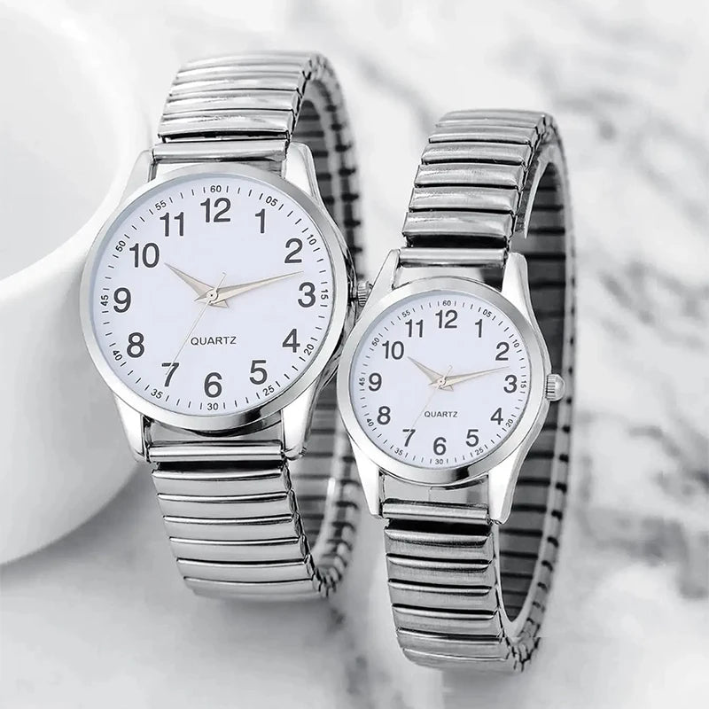 1/2PCS Fashion Couple Watches Simple Arabic Dial Men Quartz Watch Elastic Band Women Wristwatches