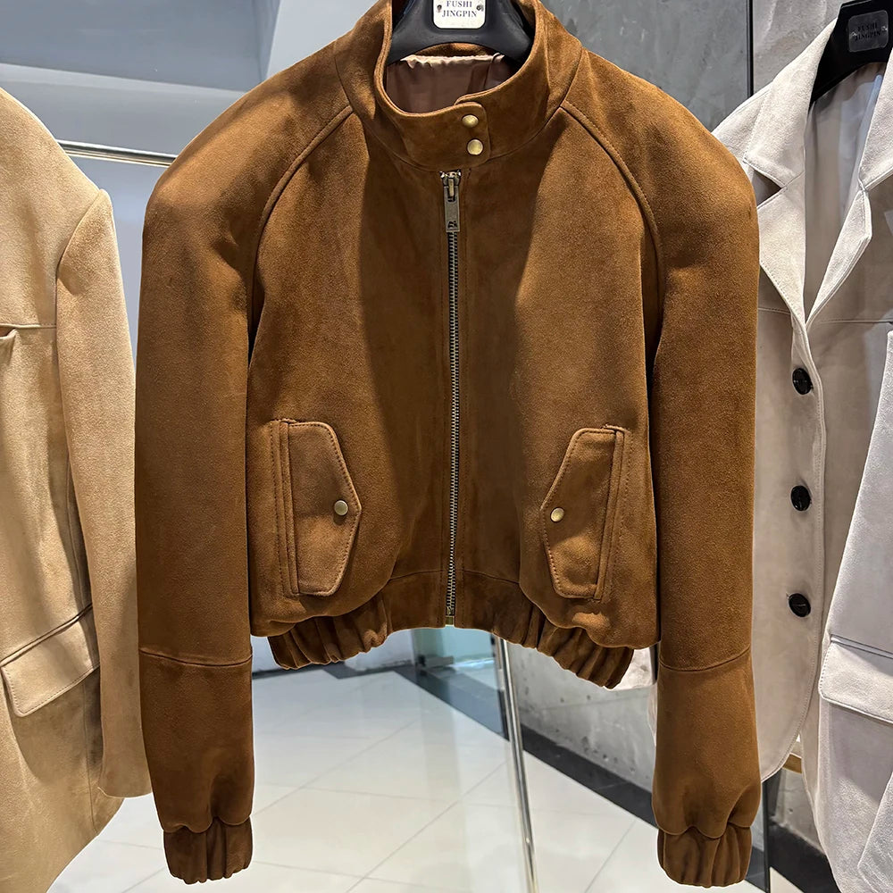 YOLOAgain Suede Leather Jacket Coat Women Real Leather Cropped Jacket Bomber Jacket