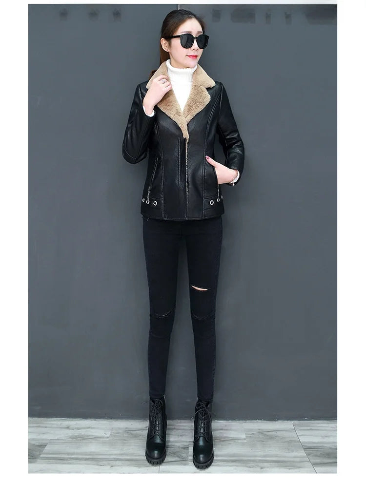 Women's Biker Style Thickened Short Leather Jacket Autumn Winter Street Fashion PU Material Versatile Outerwear Coat