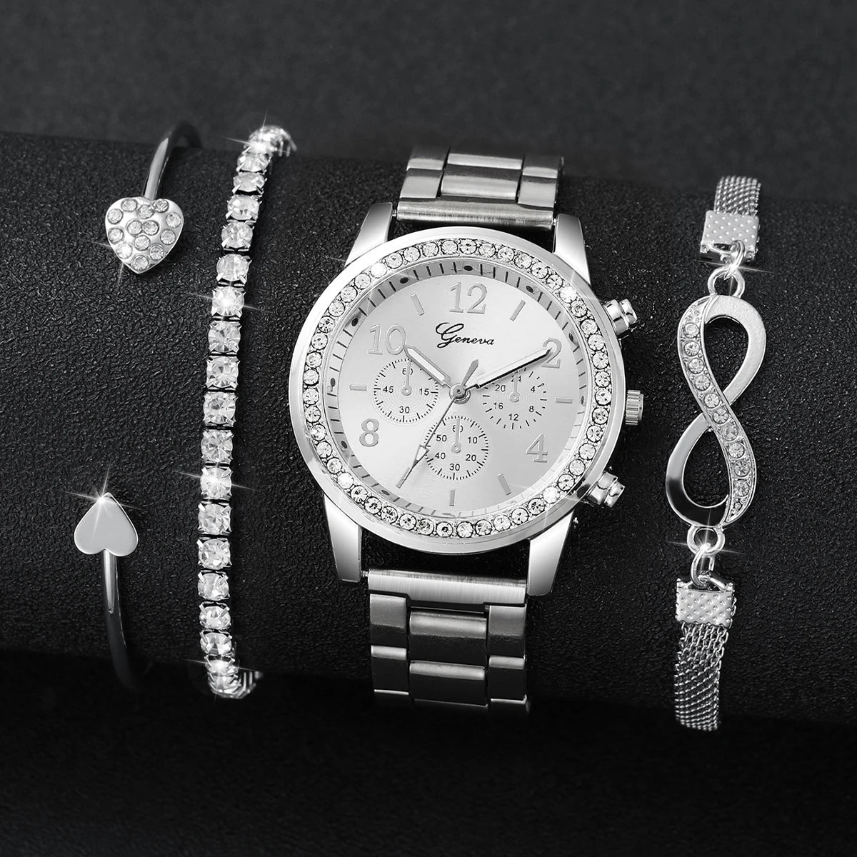 4PCS/Set Fashion Rhinestone Women Watches Luxury Steel Band Ladies Quartz Watch Bracelets Set Reloj Mujer（Without Box）