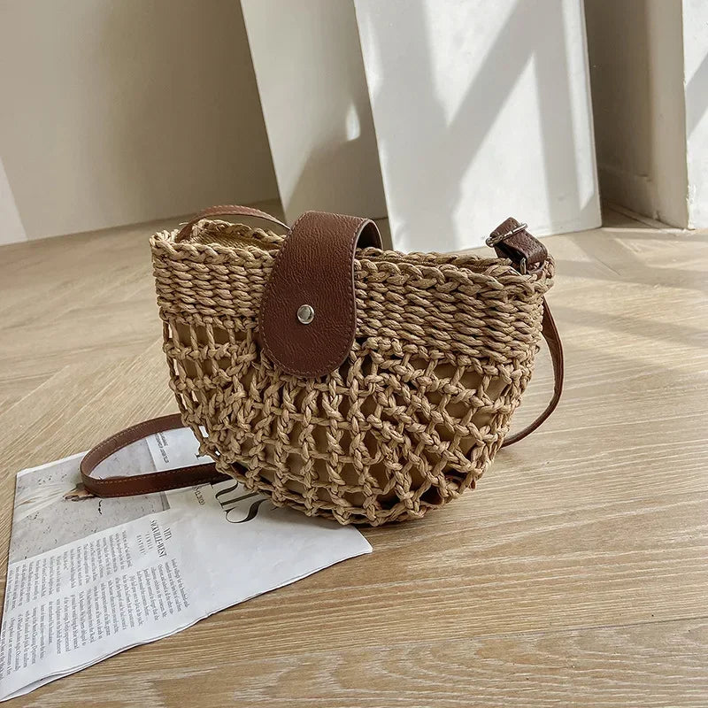 Summer Straw Bag For Women Fashion Semicircle Crossbody Bags Rattan Handmade Messenger Handbag Travel Beach Bags Tote