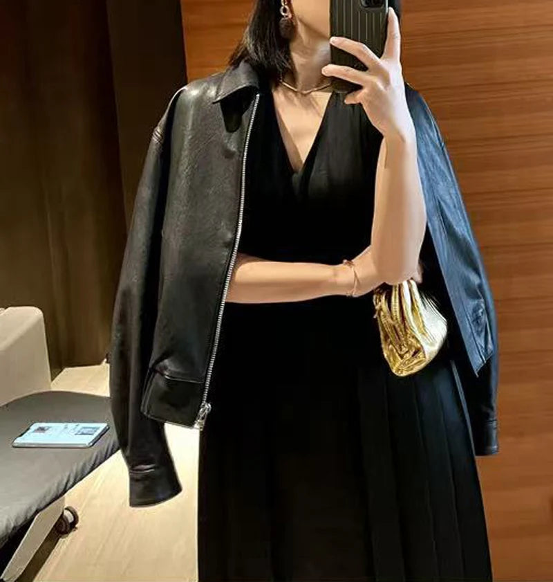 Genuine Leather Jacket for Women Sheepskin Leather Short Coat Female Collar Cropped Veste Woman Clothing Basic Daily Outfit