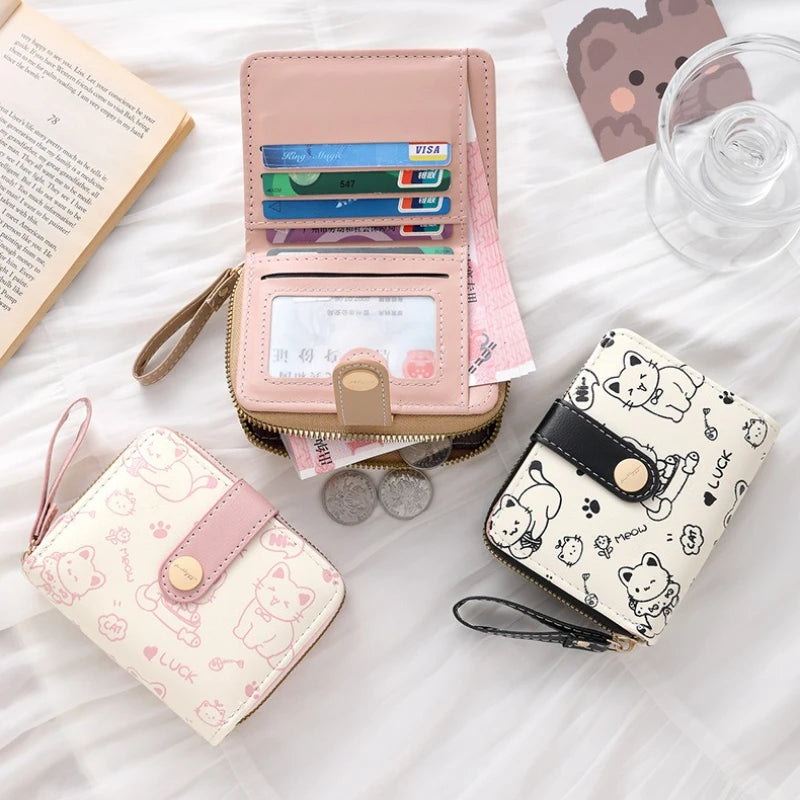 1pc Cute Cat Cartoon Coin Purse Girls Short Wallet PU Leather Large Capacity Lightweight ID Card Holder Mini Wallet Fashion