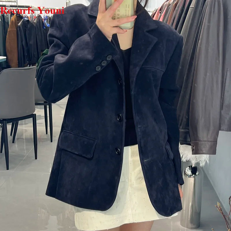 High Quality Suede Leather Suit Jacket Woman Kid Suede Flip Collar Wide Shoulder Split Vintage Ropa Mujer Dark Blue Blazer Coat