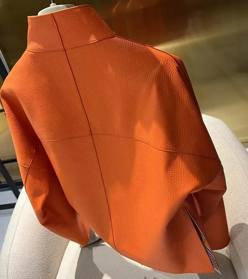 New Fashion 2026 Women Coat Spring Orange Import Real Sheepskin Jacket Floral Pattern Lining Short Length Big Pockets