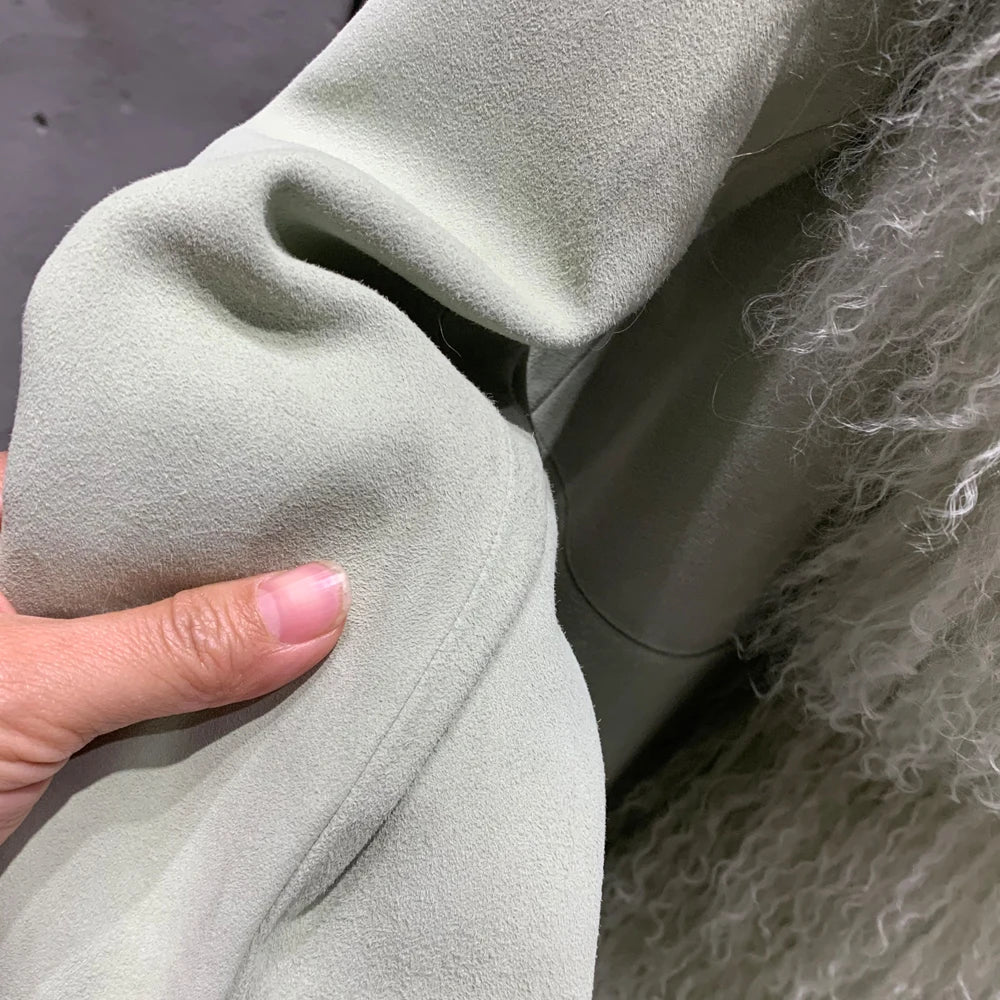Sheep Fur Coat Long Women Autumn Genuine Sheepskin Coat Long with Mongfolian Fur Trim