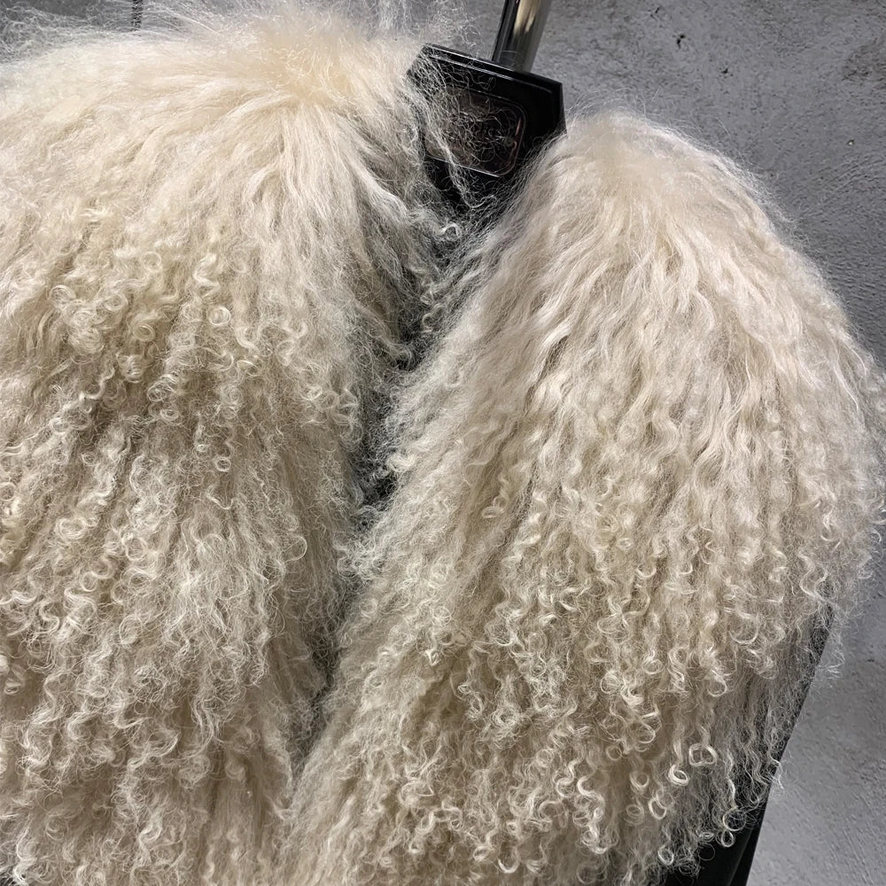 Leopard Print Real Leather Women Coat with Pink Mongolian Fur Luxurious Winter Streetwear for Ladies