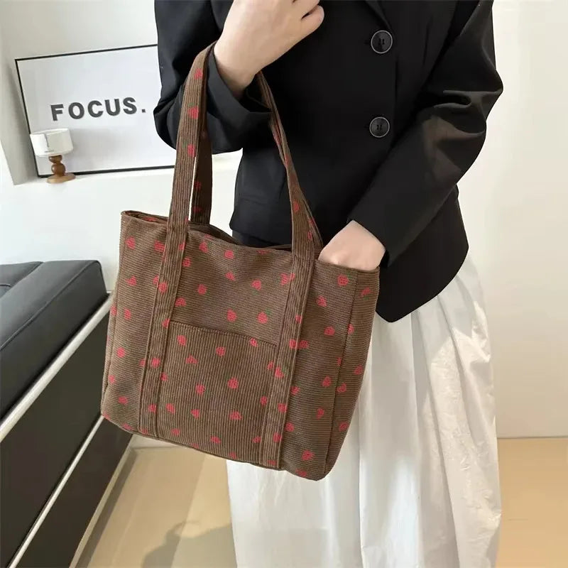 Corduroy Handbag Strawberry Print Beach Bag Fashion Large Capacity Tote Bag for Women Versatile Commuter Shoulder Bag Bolsos