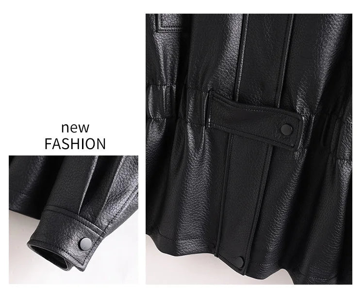 New Women Split Leather Jacket Spring Autumn Fashion Turn-down Collar Stretch Adjustable Waist Short Coat Casual Leather Jacket