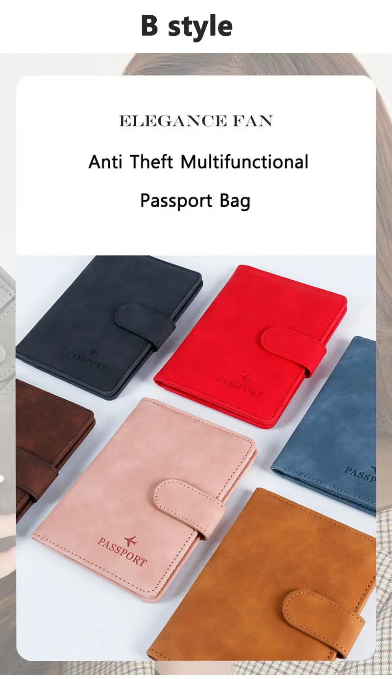 RFID Blocking Waterproof Leather Passport Holder Travel Credit Card Wallet Passport Book for Women Men Buckle Passport Cover