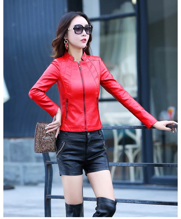 New Women Spring Autumn Leather Jacket Fashion Small Stand Collar Long Sleeve Slim Sheepskin Jacket Split Leather Short Coat