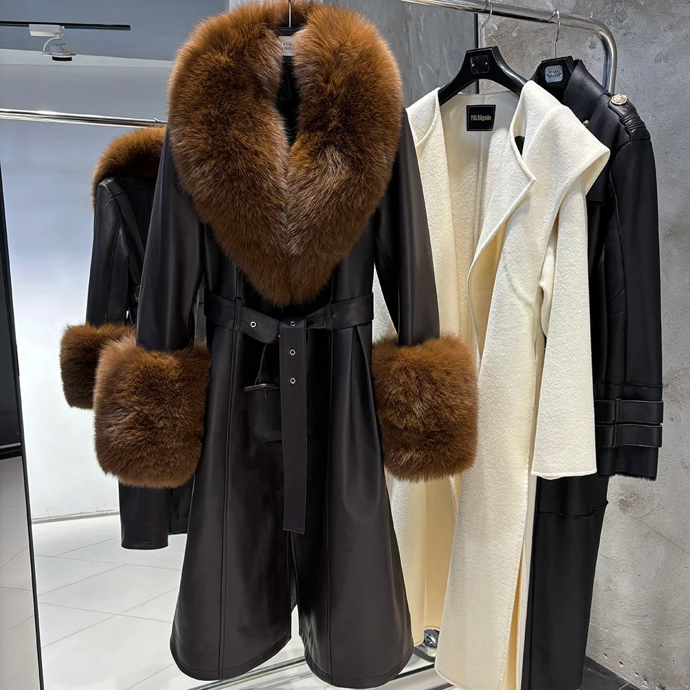 YOLOAgain Burgundy Real Fox Fur Collar Leather Trench Coat Women Genuine Leather Jacket Long Female