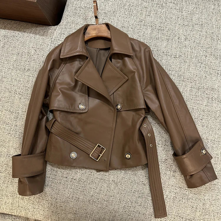 Leather Jacket for Women Spring Double-Breasted Belt Waist Closing Slim Ceket Kadın Imported Sheepskin Loose Short Trench Coat