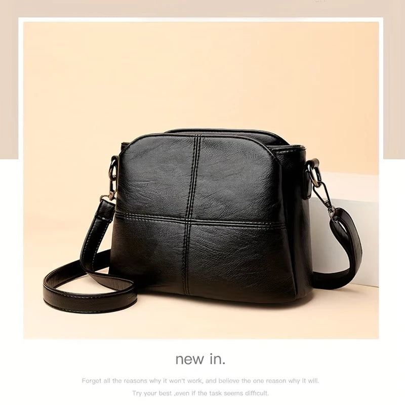 Women Vintage PU Leather Crossbody Bag Casual Daily Mini Shoulder Handbag Multi‑Layer Zipper Pocket Design Adjustable Strap Ligh